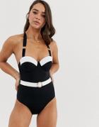 Lipsy Contrast Swimsuit With Belt In Monochrome-black