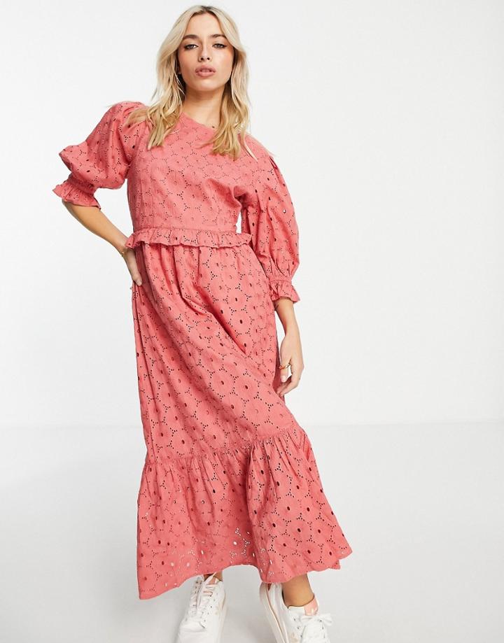 Miss Selfridge Broderie Ruffle Midi Dress In Rose-pink