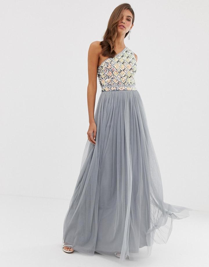 Asos Design Embellished Top One Shoulder Maxi Dress-blue