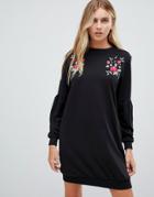 Qed London Embroidery Sweatshirt Dress - Black