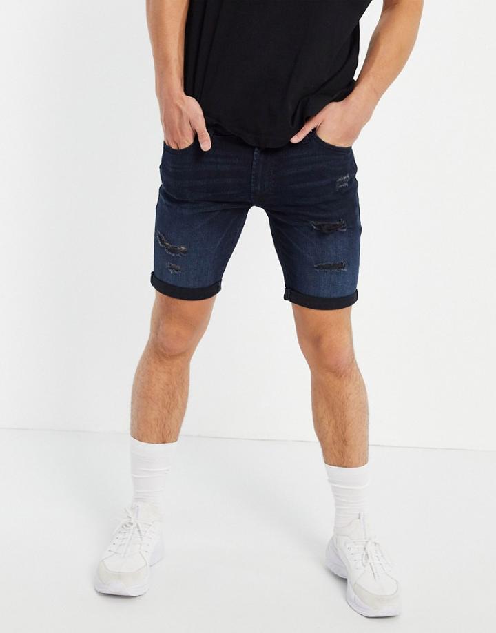 Jack & Jones Intelligence Skinny Denim Shorts With Rips In Blue/black-blues