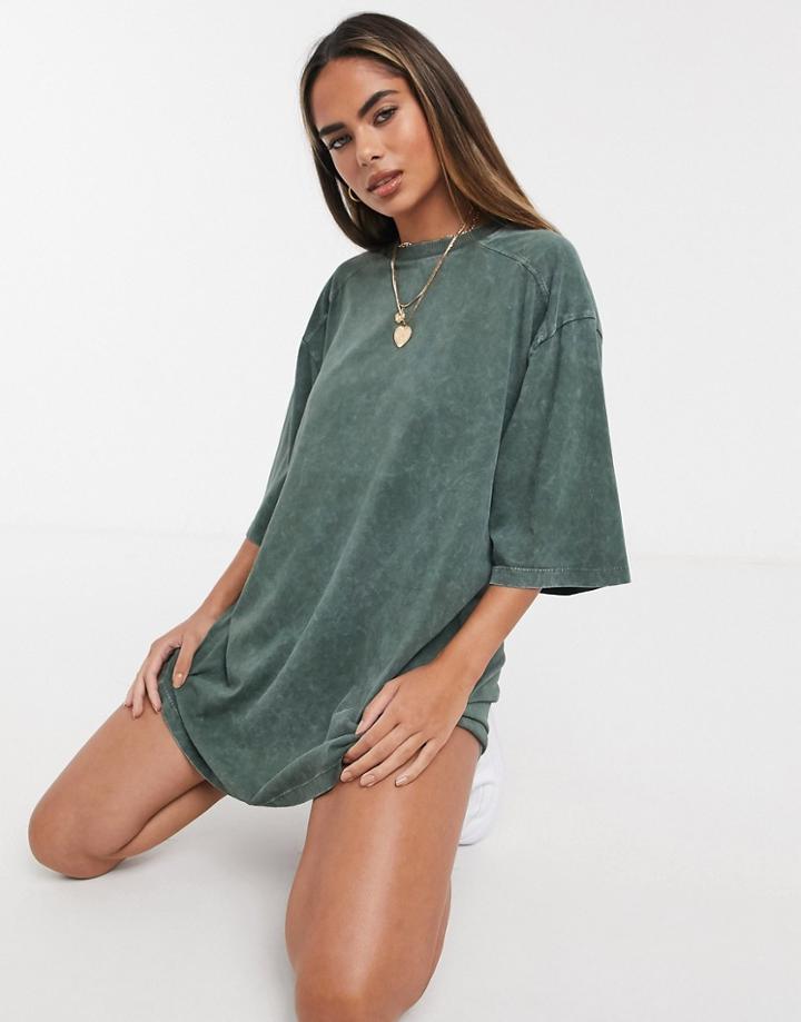 Asos Design Super Oversized T-shirt With Stitch Detail In Washed Teal-green