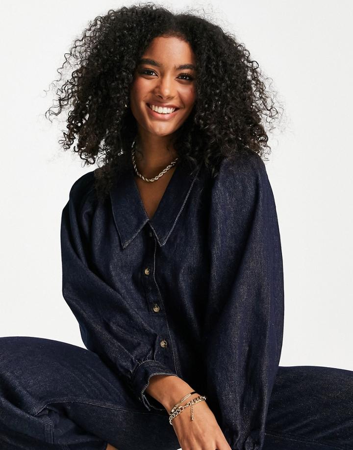 Envii Denim Shirt With Collar Detail In Dark Blue Rinse-blues