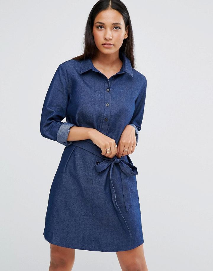 Ax Paris Denim Shirt Dress With Tie Waist - Blue