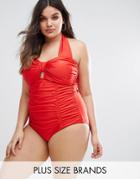Monif C Ruched Halter Swimsuit - Red