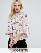 Asos Petite Asymmetric Ruffle Blouse In Floral Print With Contrast Lace Up - Multi