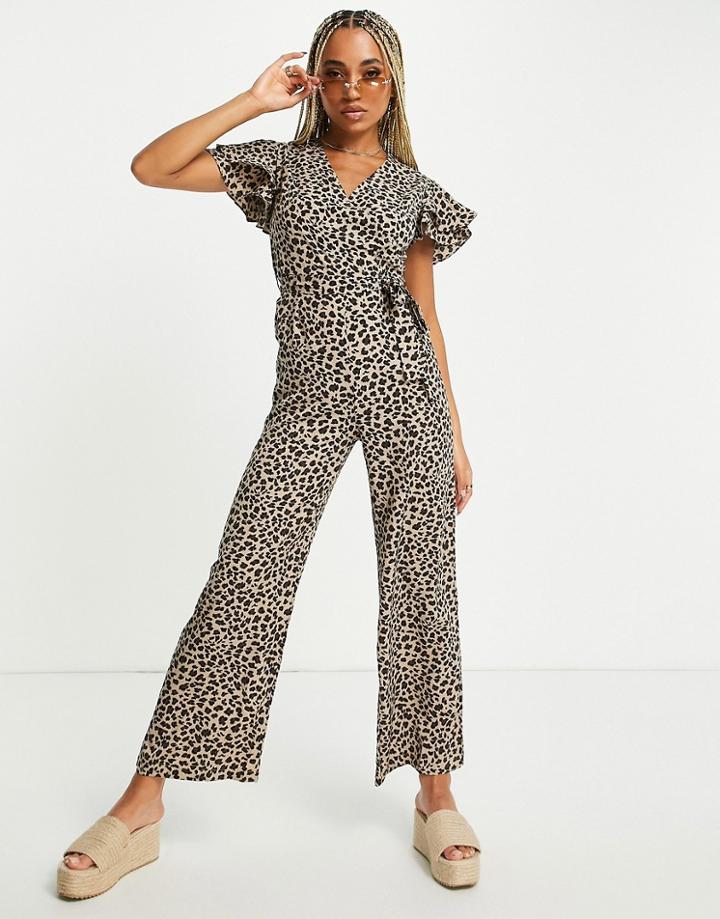 Qed London Wrap Front Frill Sleeve Jumpsuit In Leopard Print-multi