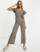 Qed London Wrap Front Frill Sleeve Jumpsuit In Leopard Print-multi