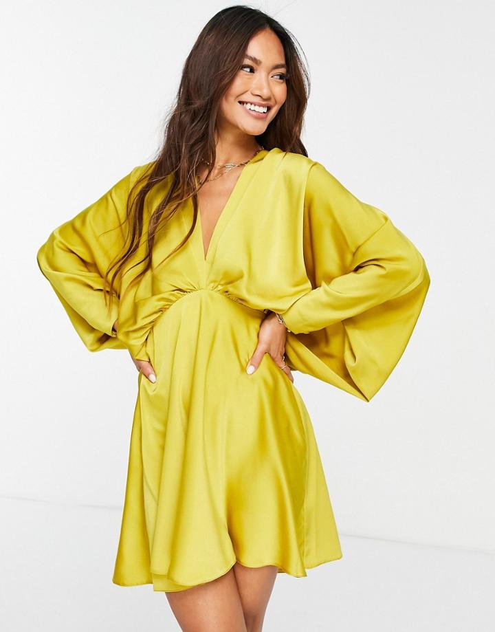 Asos Design Batwing Satin Mini Dress With Bias Cut Skirt And Tie Back In Gold