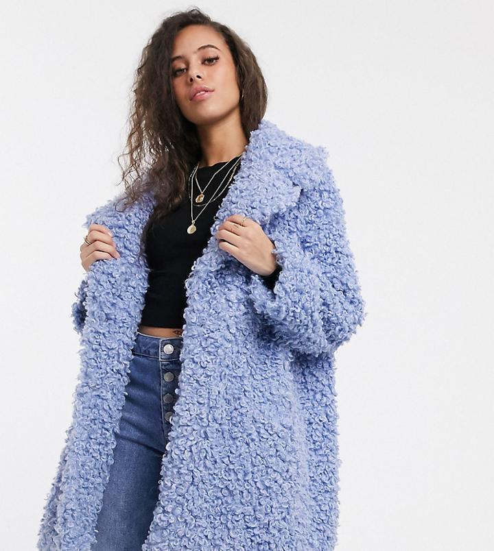 Asos Design Petite Luxe Borg Coat In Blue