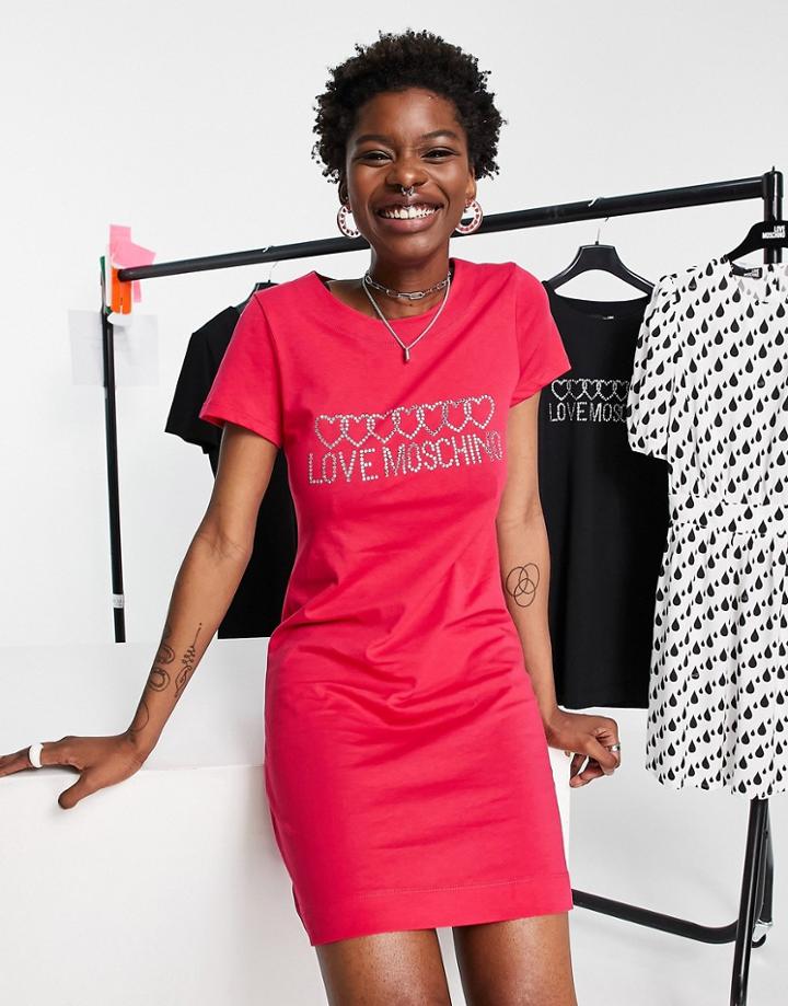 Love Moschino Crystal Logo Mini Dress In Pink