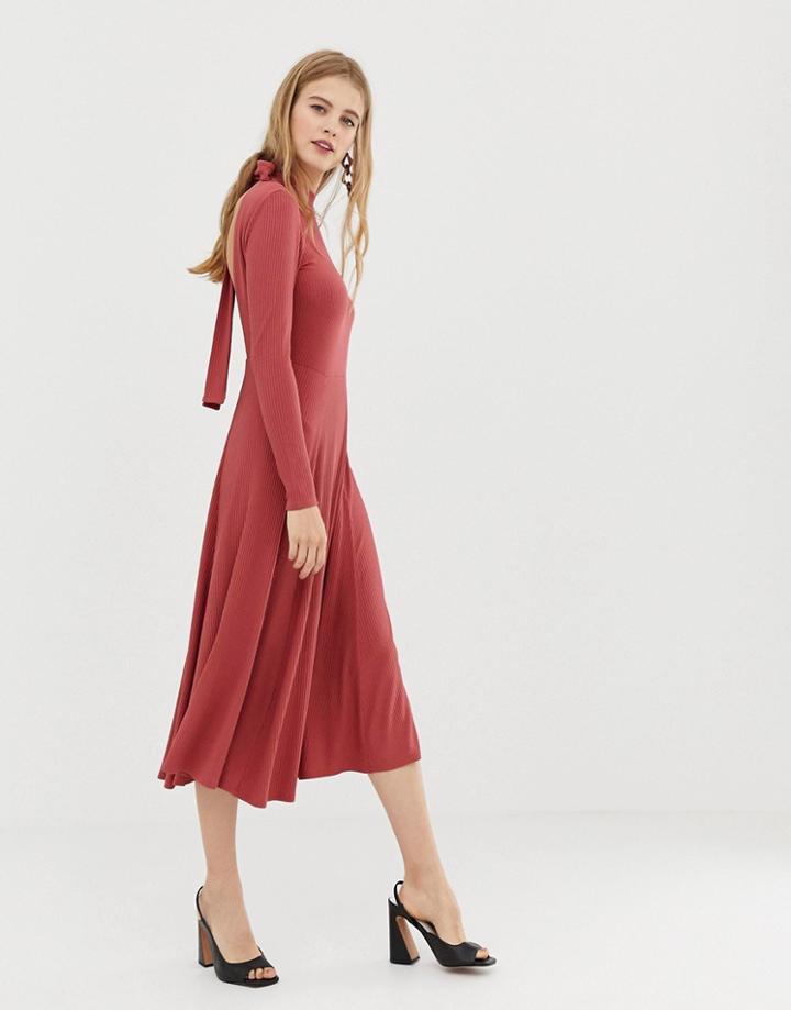 Asos Design Midi Skater Dress In Rib With Open Back-pink