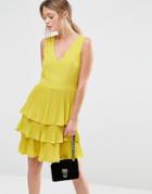 Oasis V Neck Pleat Tiered Dress - Chartreuse