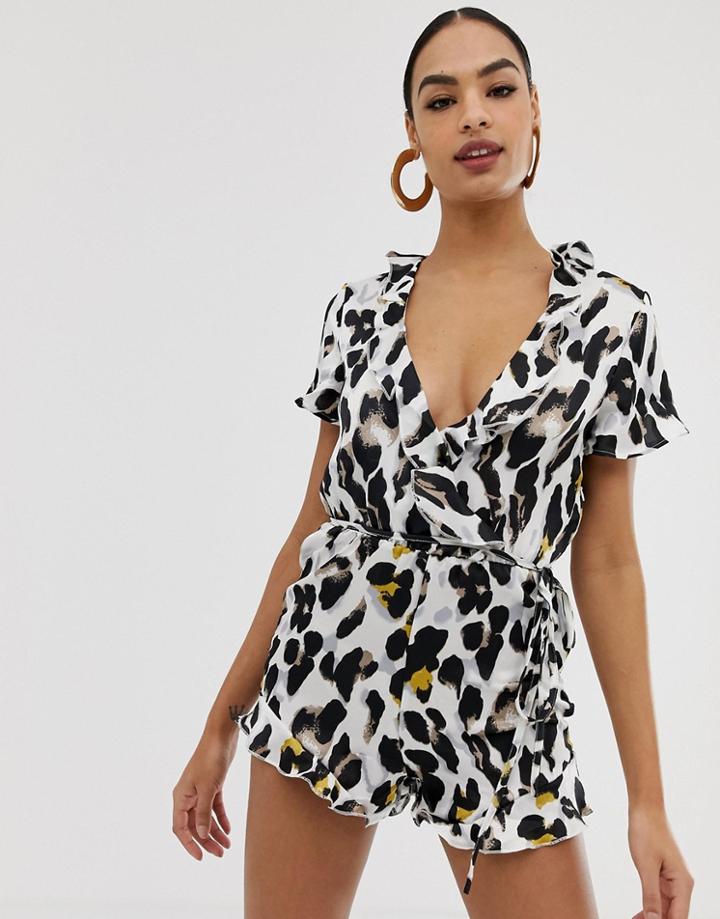 In The Style Leopard Satin Frill Wrap Romper - Multi