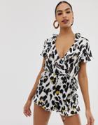 In The Style Leopard Satin Frill Wrap Romper - Multi