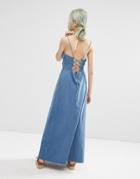 Asos Maxi Dress With Tie Back In Washed Cotton - Blue