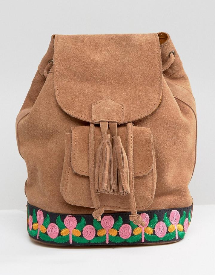 Park Lane Suede Festival Backpack With Embroidery - Tan