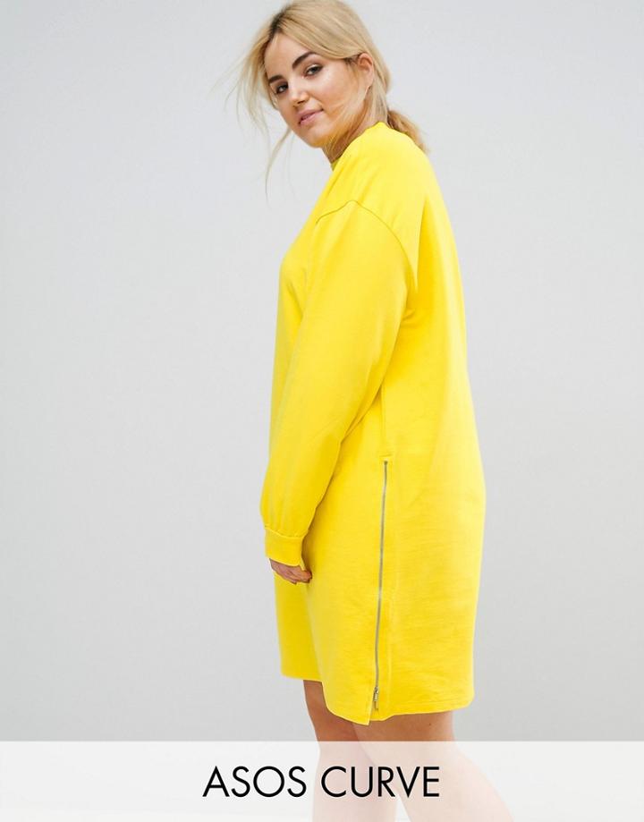 Asos Curve Oversized Sweat Dress With Zip Detail - Yellow