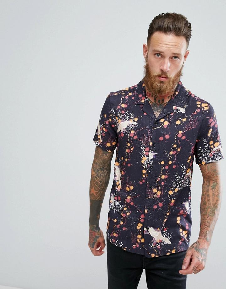 Asos Regular Fit Viscose Japanese Print Shirt With Revere Collar - Gray
