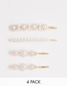 Asos Design Pack Of 4 Hair Clips In Mixed Pearl Shapes In Gold Tone