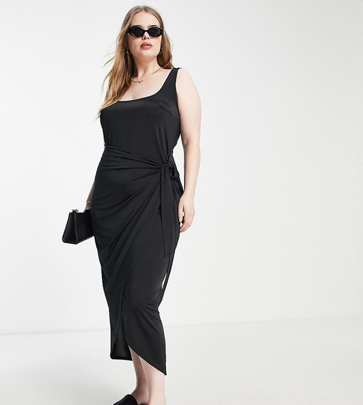 Asos Design Curve Sleeveless Square Neck Sarong Skirt Midi Dress In Black