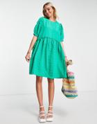 Pieces Puff Sleeve Textured Mini Smock Dress In Bright Green