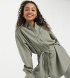 Collusion Oversized Shirt With Tie Back Detail In Taupe Pinstripe-grey