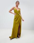 Asos Design Cami Drape Cut Out Button Side Maxi Dress - Green