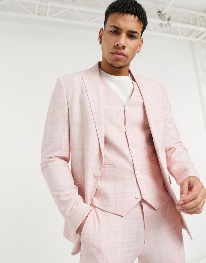 Asos Design Wedding Skinny Suit Jacket In Pastel Pink Crosshatch