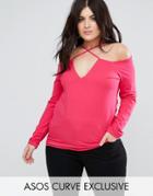 Asos Curve Bardot Top With Strappy Detail - Pink