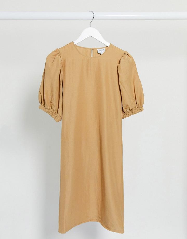 Vero Moda Aware Midi Dress With Puff Sleeves In Tan-brown