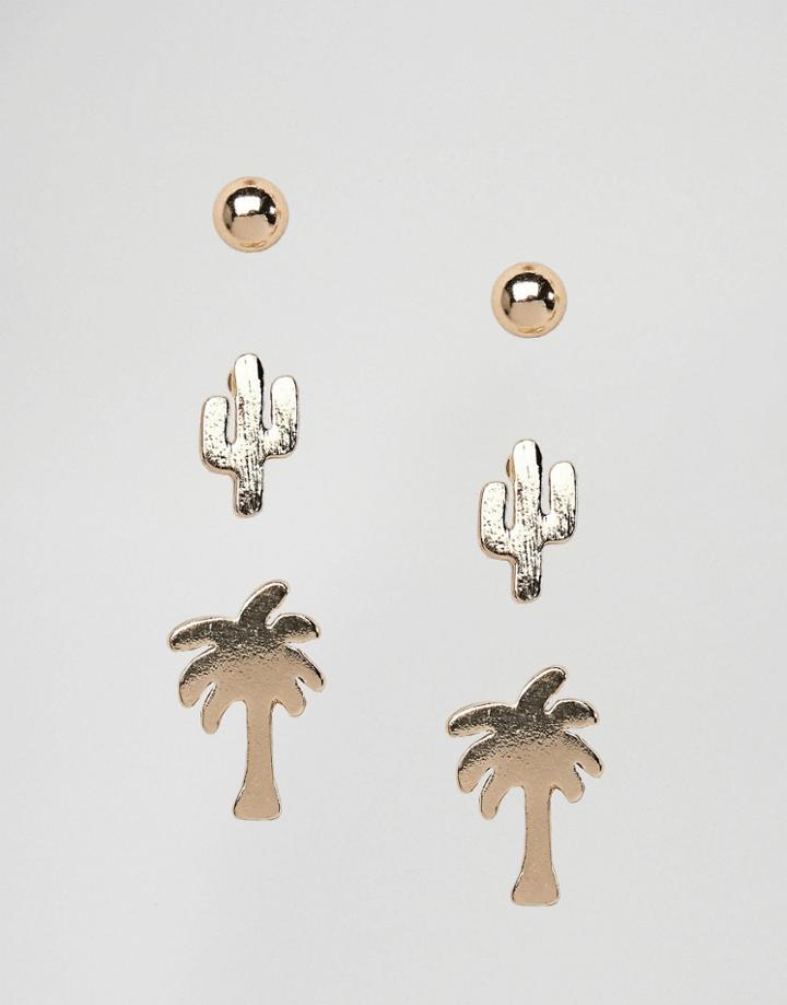 Nylon Pack Of 3 Palm Cactus And Round Stud Earrings - Gold