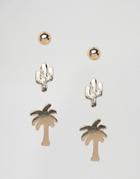 Nylon Pack Of 3 Palm Cactus And Round Stud Earrings - Gold