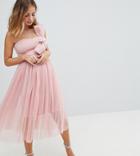 Asos Petite Premium Scuba Bow Front Tulle Midi Dress - Pink