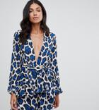 John Zack Tall Plunge Front Skater Dress In Blue Leopard - Multi