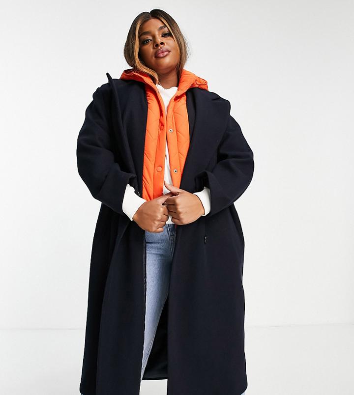 Asos Design Curve Quilted Hood Formal Coat In Navy