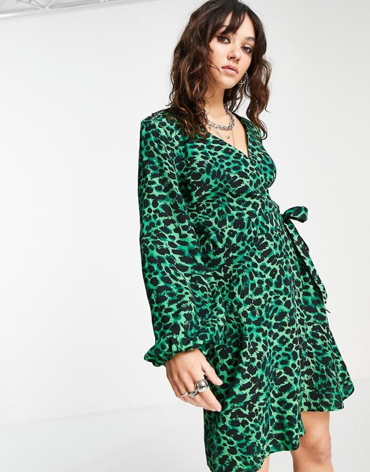 Topshop Animal Wrap Dress In Green