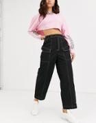 Asos Design Technical Pant With Contrast Topstitch And Extended Waist Band - Black