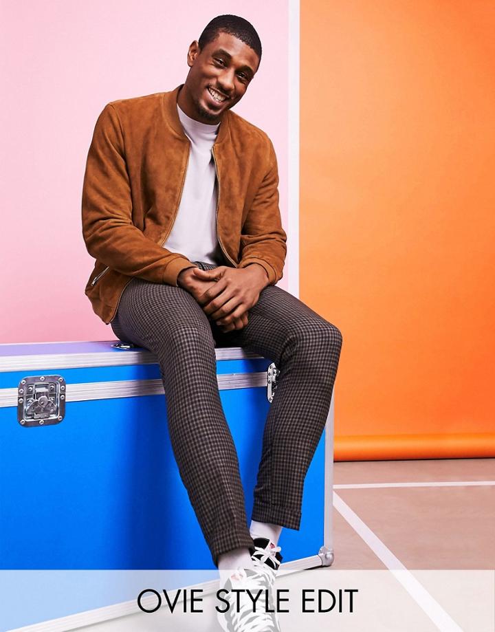 Asos Design Suede Bomber Jacket In Tan-brown