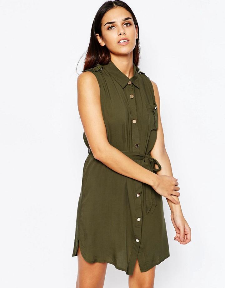 Club L Sleeveless Shirt Dress - Khaki