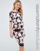 Asos Maternity Bardot Dress With Half Sleeve In Pink Floral Print - Multi