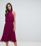 Asos Design Tall Halter Tie Neck Midi Dress In Pleat - Red