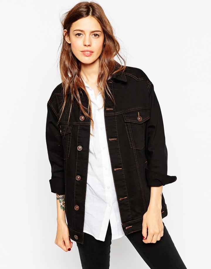 Asos Denim Girlfriend Jacket In Black With Contrast Stitch - Black