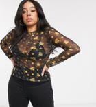 Daisy Street Plus Shrunken Top In Mixed Floral Print Mesh-black