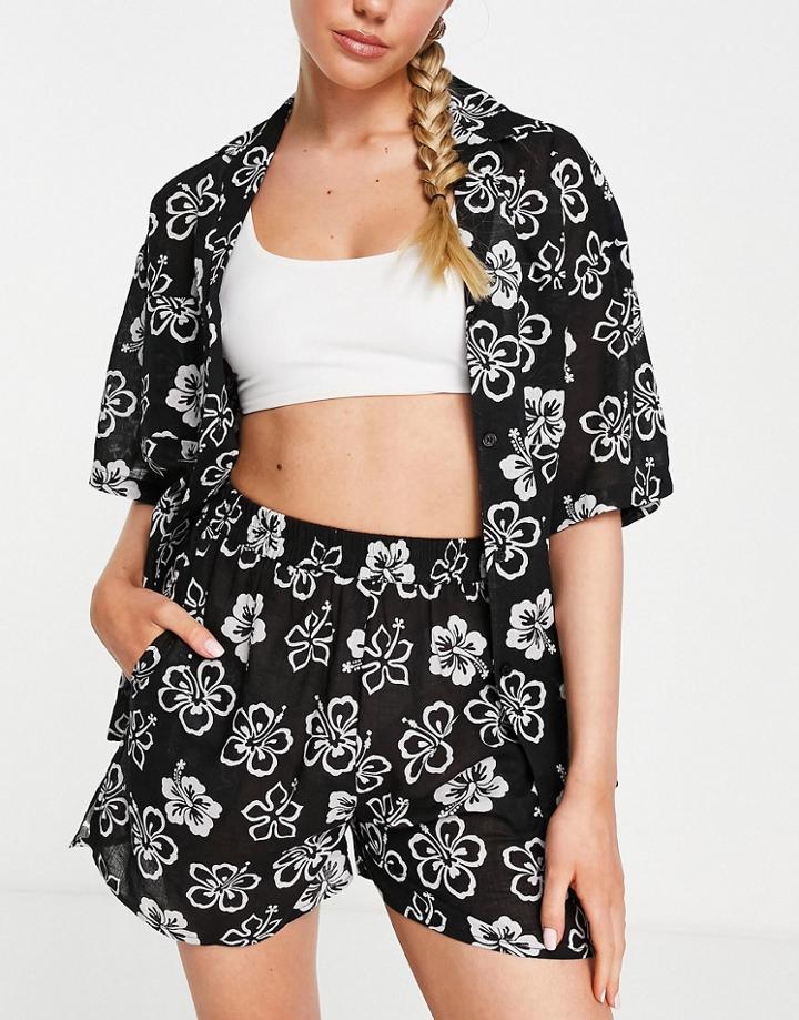 Topshop Hawaiian Floral Print Shirt And Short Beach Resort Set In Monochrome-multi