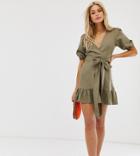 Asos Design Tall Wrap Mini Dress With Tie Front-green