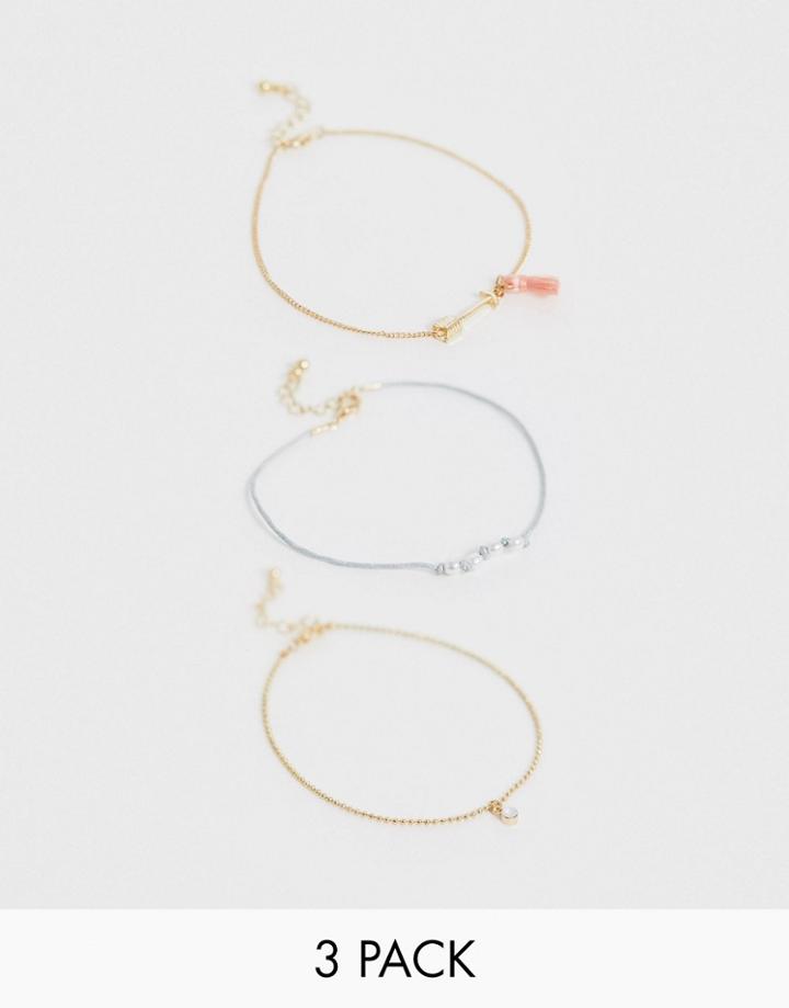 Asos Design Pack Of 3 Anklets With Cupids Arrow In Gold Tone - Gold