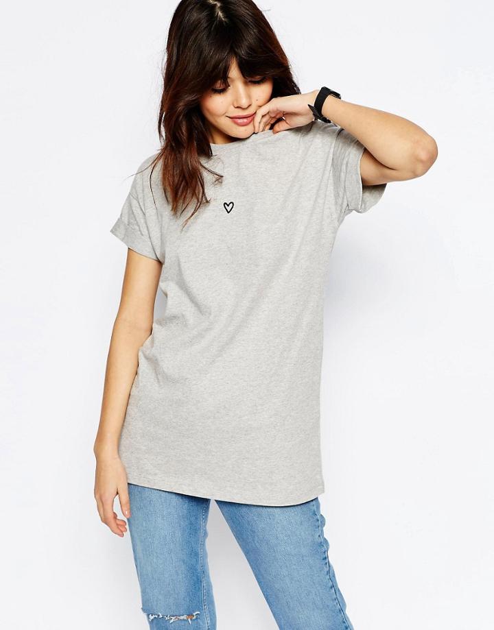 Asos Oversized T-shirt With Embroidered Heart - Gray Marl