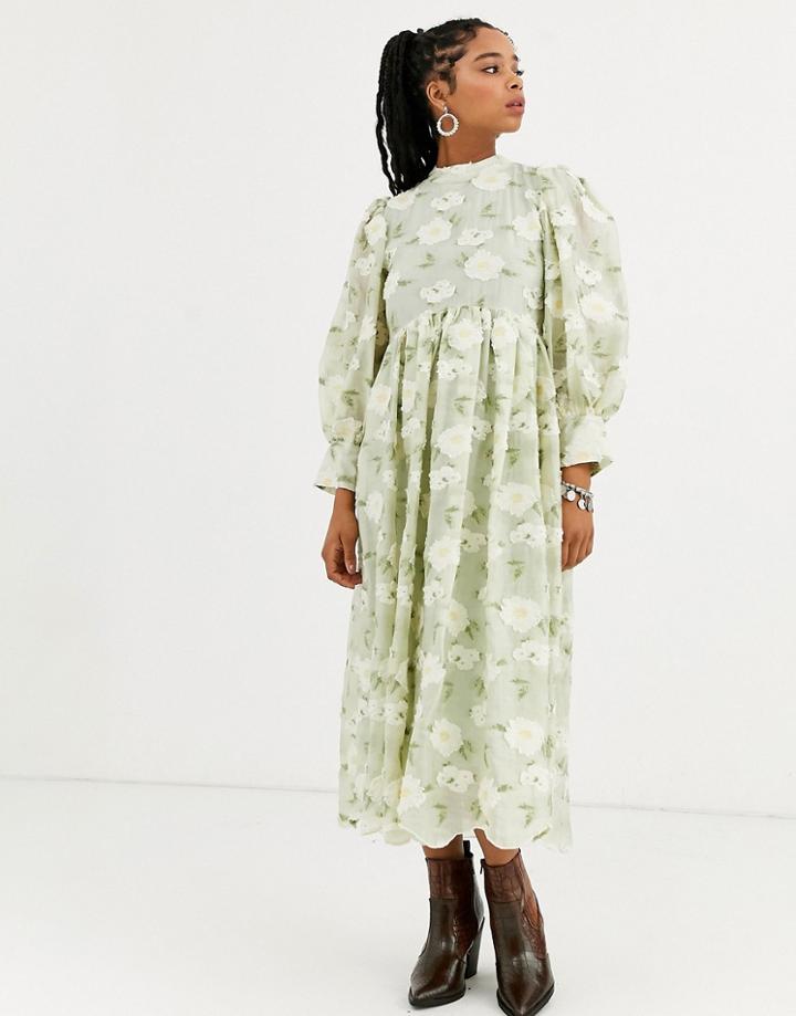 Dream Sister Jane Long Sleeve Midi Dress With Colume Sleeves In All Over Floral Embroidery-green