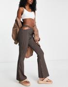 Topshop One Side Cut Out Bengaline Flared Pants In Brown Pinstripe